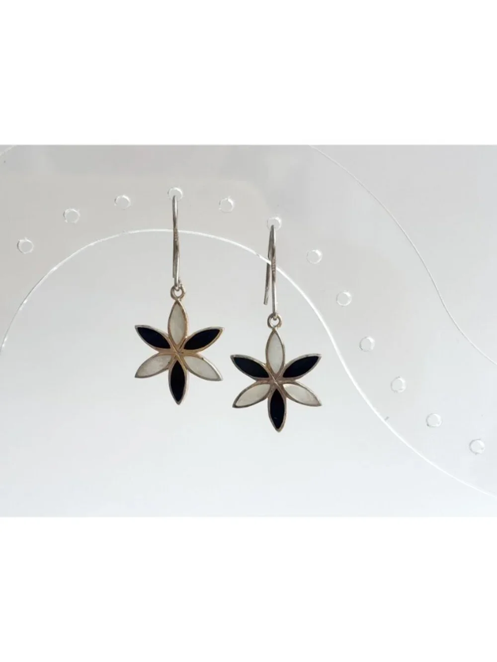 Plumeria Floral Mother of Pearl Black Onyx Vintage Sterling Silver 925 Earrings